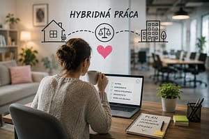 Hybridná práca – zamestnankyňa pracuje z domu a efektívne kombinuje home office s prácou v kancelárii.